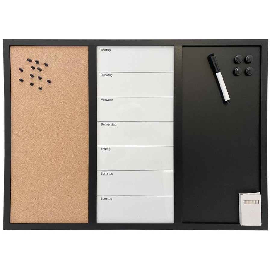 Whiteboard med ugeplan TYSK, kork og kridt tavle 60 x 40 cm, inkl. sort magnetisk tush, 4 x sorte 20 mm magneter, 12 sorte nåle og 1 pakke kridt (5 stk.) #1