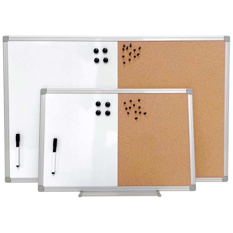 Whiteboard og kork kombitavle s&aelig;t 60x40cm, inkl. sort magnetisk marker, 4 x sorte 20mm magneter, 12 sorte n&aring;le og monteringss&aelig;t