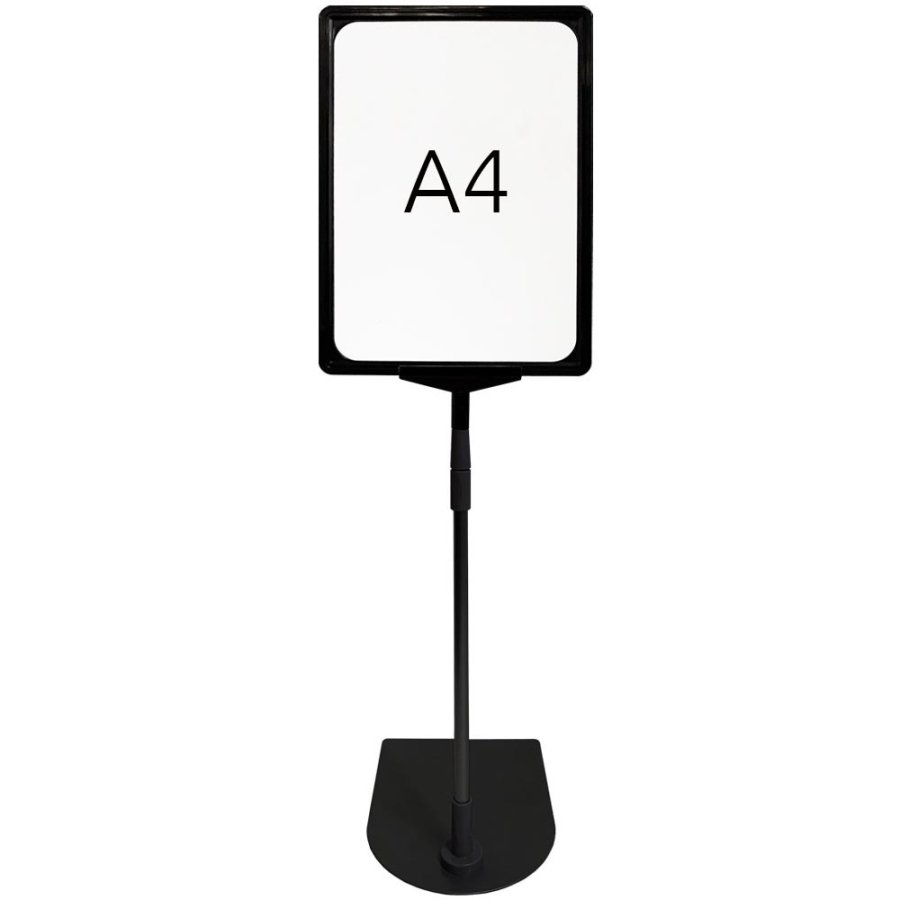 Prisrammes&aelig;t, sort st&aring;l fod og alu stang, sort A4 ramme (21 x 29,7cm). H&oslash;jde 72 - 90 cm, bredde 21,8cm, fod 16 x 21 cm