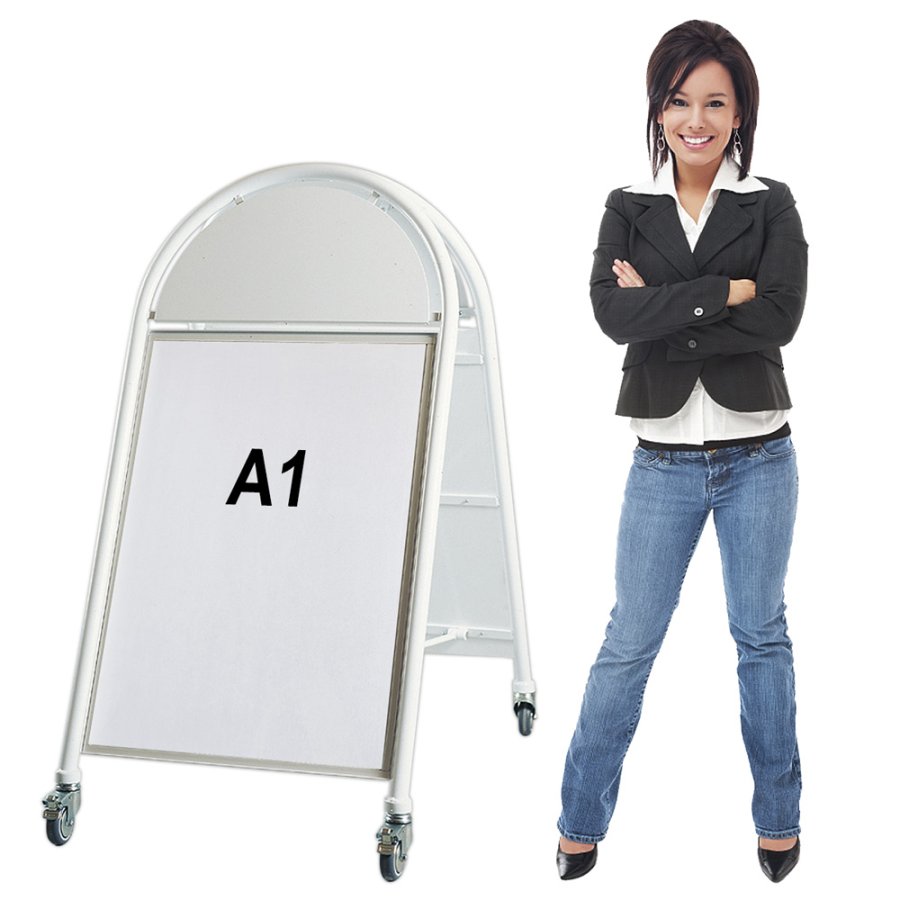 New Gotik Lux Gadeskilt med logoplade og hjul - A1 - hvid