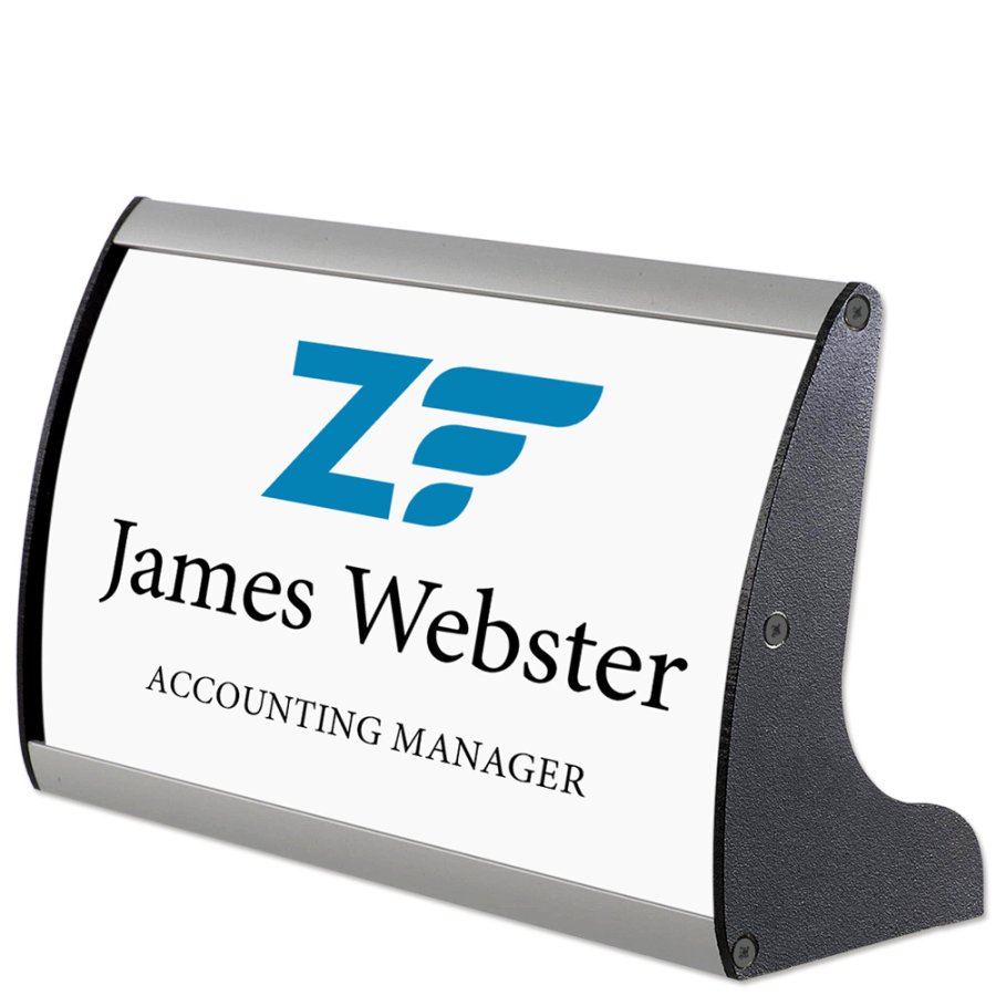 Navneskilt til bord i aluminium profil, s&oslash;lv/sort - 7,4x15cm