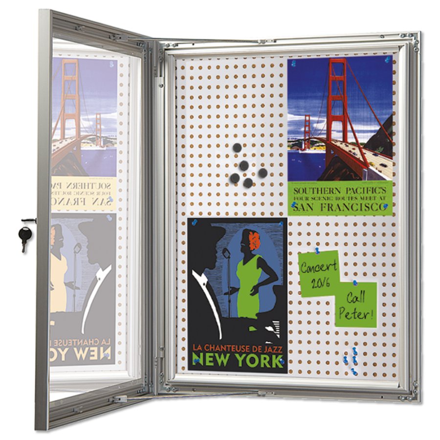 Kombi udh&aelig;ngsskab/infoboks med l&aring;s og st&aring;l/kork-bagplade, s&oslash;lv - 4xA4