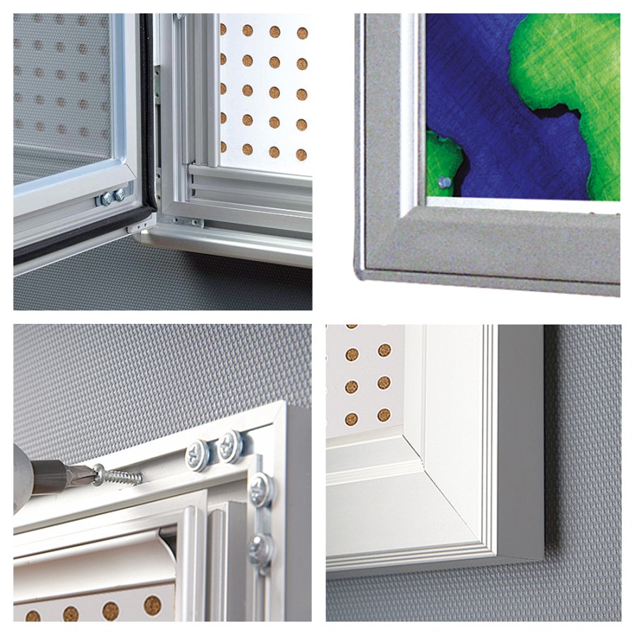 Kombi udh&aelig;ngsskab/infoboks med l&aring;s og st&aring;l/kork-bagplade, s&oslash;lv - 9xA4