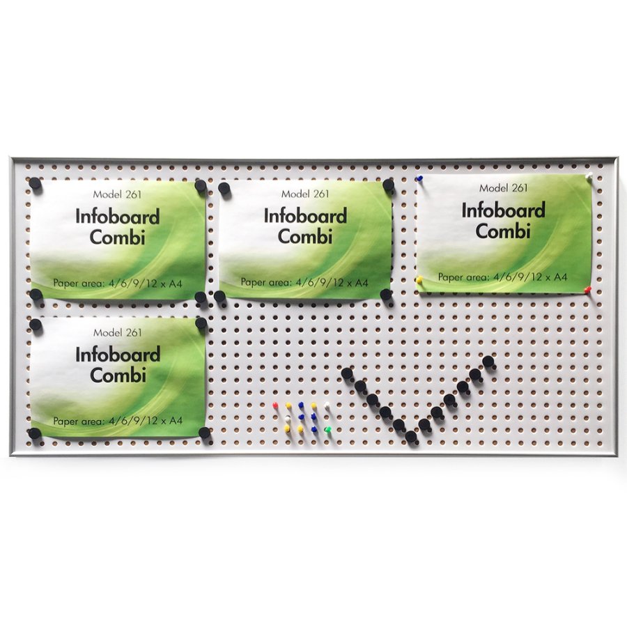 Kombi infotavle 9mm aluminium profil med st&aring;l/kork-bagplade, s&oslash;lv - 6xA4