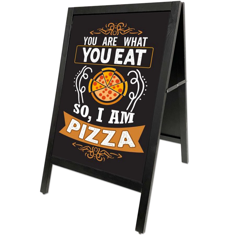 Wooden A-skilt i sortbejdset tr&aelig;, med st&aring;ltavler,  59 x 78 cm