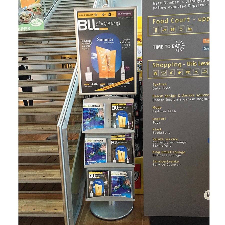 Infostander, MultiStand, dobbeltsidet, 4 st&aring;lhylder, 2 klikrammer, 60 x 85 cm