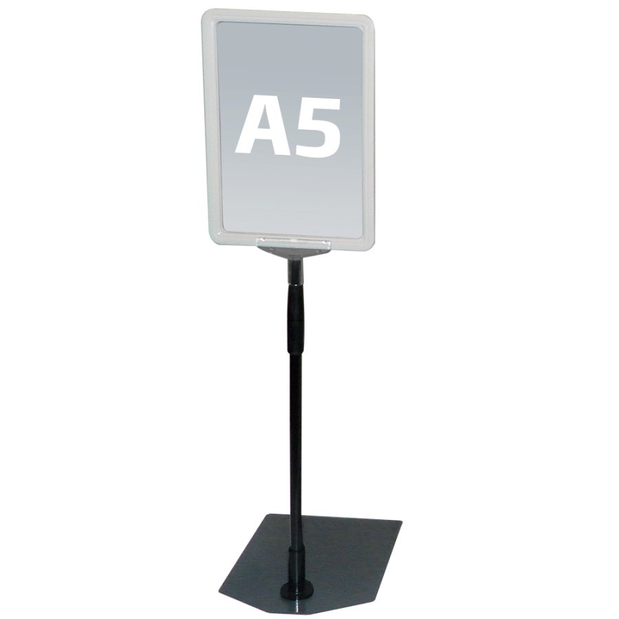 Skilteholder, stang og fod af metal, ABS Ramme, Hvid, A5 - 14,8 x 21 cm