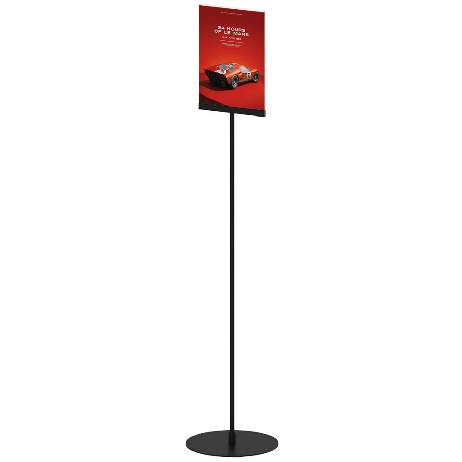 Design Stand, gulv skilt med akrylholder, vertikal  A4, sort, 132cm h&oslash;j