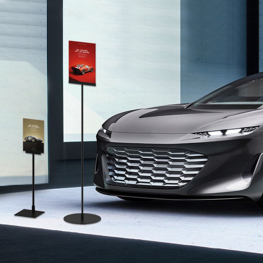 Design Stand, gulv skilt med akrylholder, vertikal  A4, sort, 132cm h&oslash;j