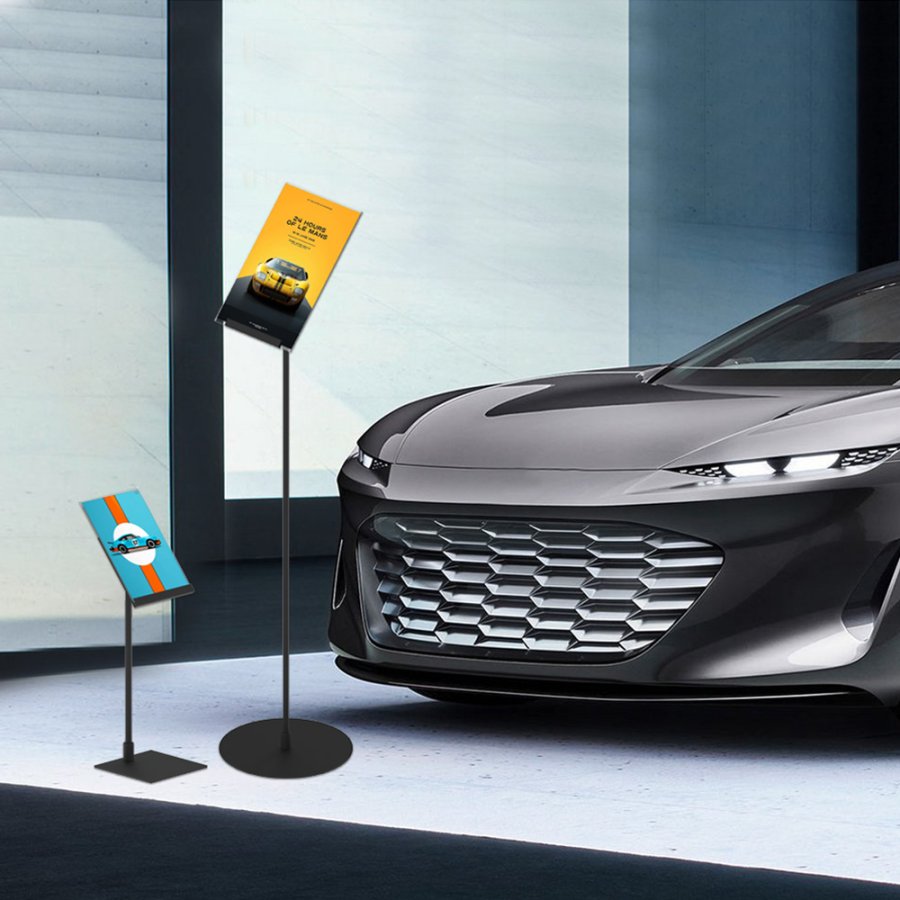 Design Stand, gulv skilt med 50 grader vinklet holder, vertikal A4 akrylholder