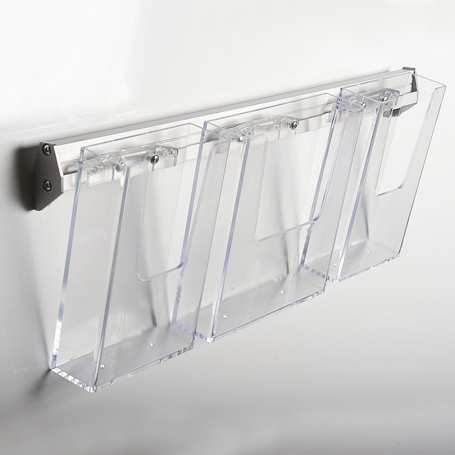 Brochureholder til v&aelig;g, aluliste med 3 stk. M65 akrylholdere