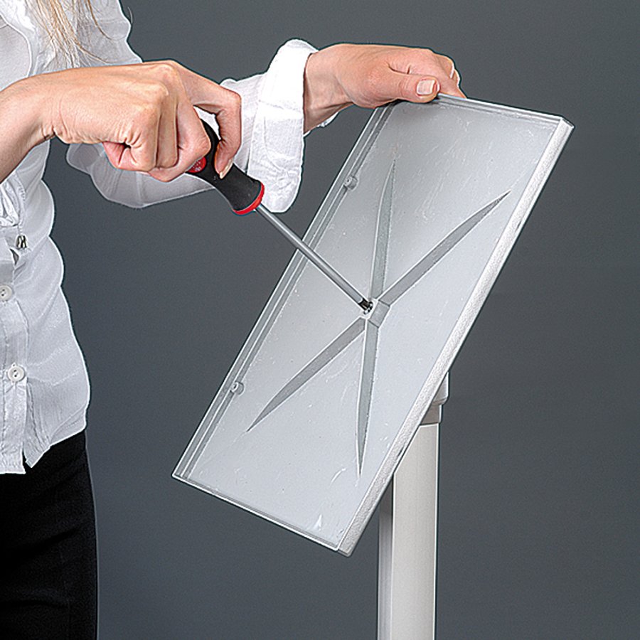 Flex Infostander, justerbar, s&oslash;lv, med A4 Klikramme