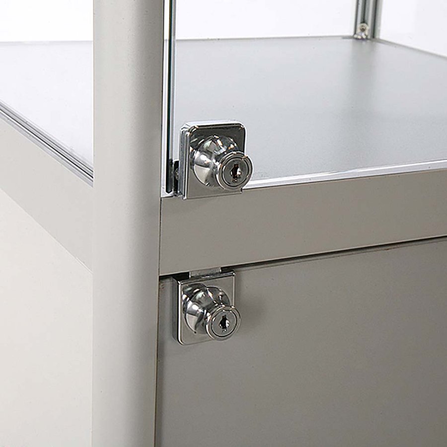 Vitrine glasskab - Showcase Tower Solo glasmontre med underskab, LED lys og l&aring;s - s&oslash;lv