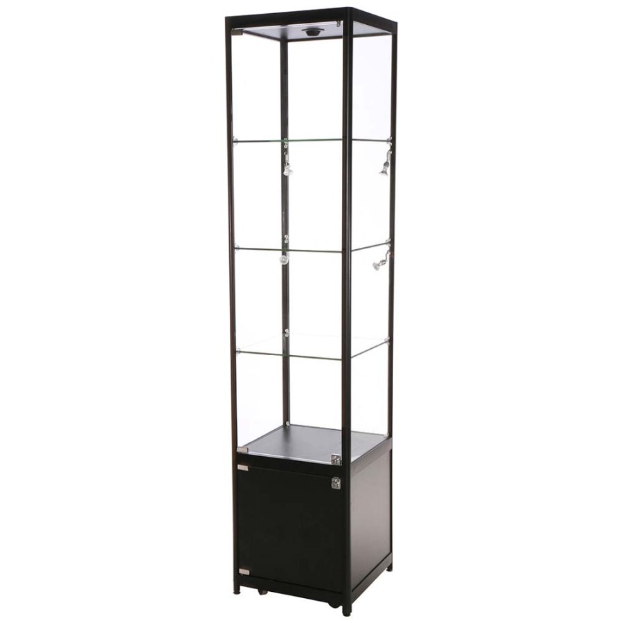 Vitrine, Showcase Tower Solo, Med LED Lys, l&aring;s og underskab, Sort