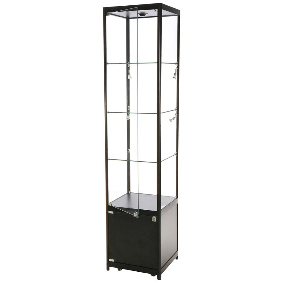 Vitrine, Showcase Tower Solo, Med LED Lys, l&aring;s og underskab, Sort