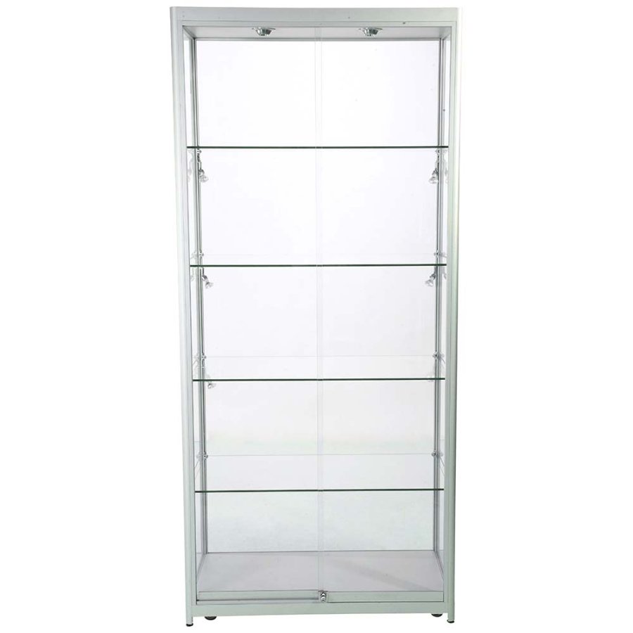 Vitrine glasskab - Showcase Tower Duo glasmontre med LED lys og l&aring;s - s&oslash;lv