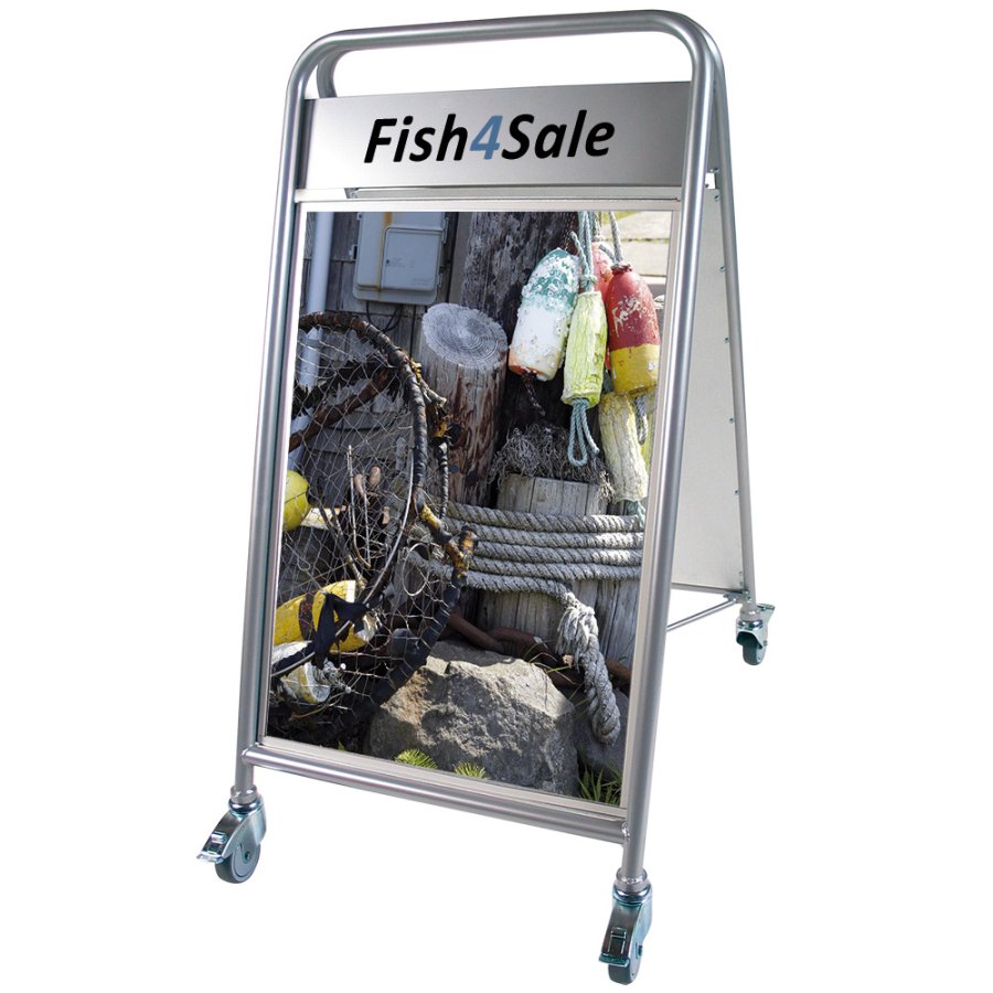 Expo Sign Lux Gadeskilt med logoplade og hjul - s&oslash;lv - 50 x 70 cm