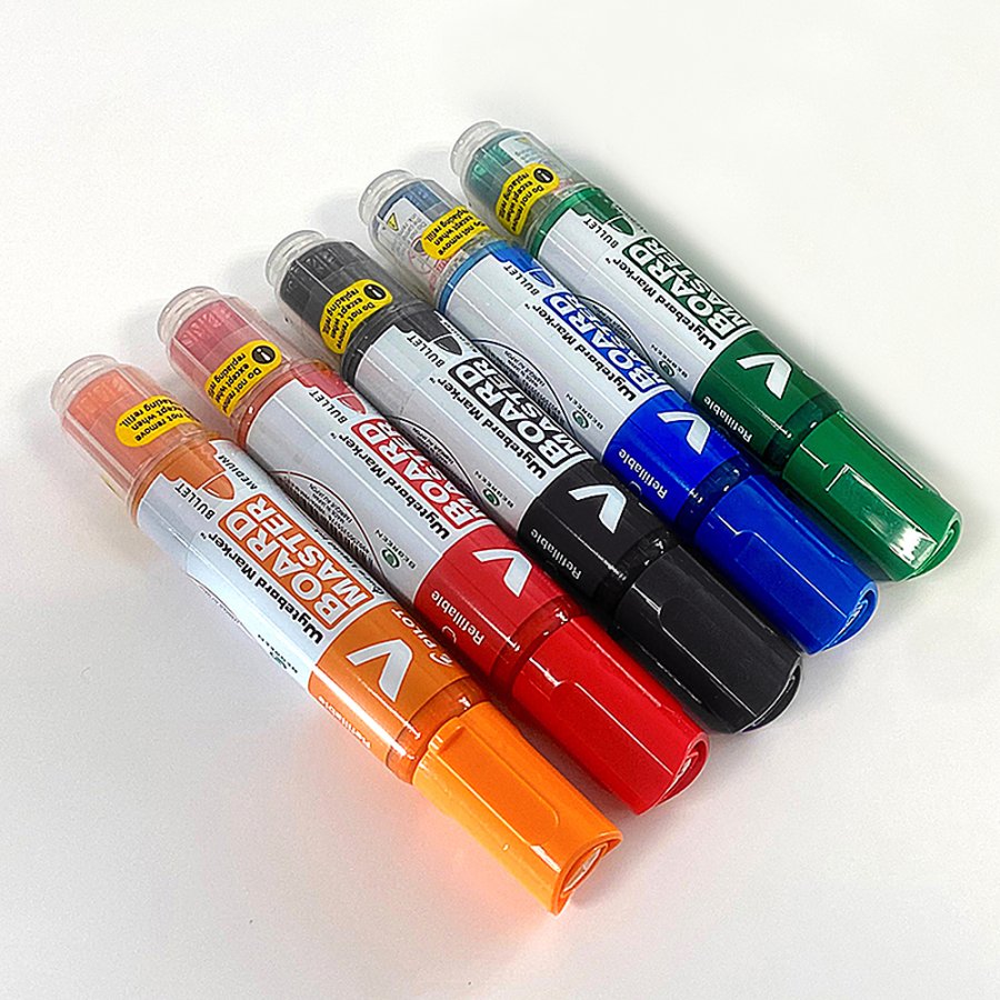 Tuscher til whiteboard, Pilot, whiteboard marker medium med bred mejsel spids, 5 stk, R&oslash;d/orange/gr&oslash;n/bl&aring;/sort