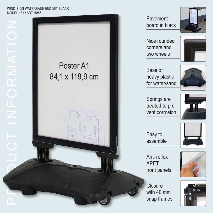 Gadeskilt, Wind-Sign Waterbase Budget, 40 mm aluprofil, Sort, A1 - 59,4 x 84,1 cm