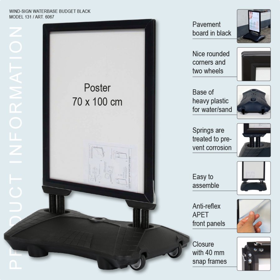 Gadeskilt, Wind-Sign Waterbase Budget, 40 mm aluprofil, Sort, B1 - 70 x 100 cm