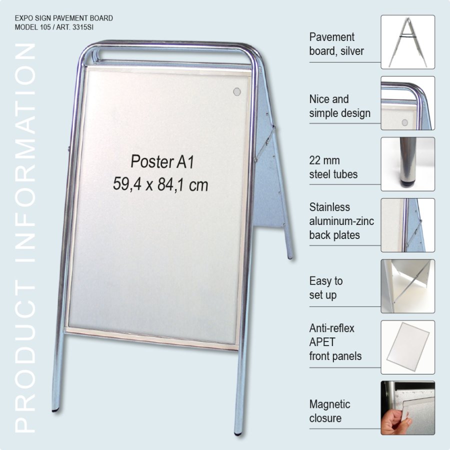 Gadeskilt, Expo Sign, 22 mm, S&oslash;lv, A1 - 59,4 x 84,1 cm