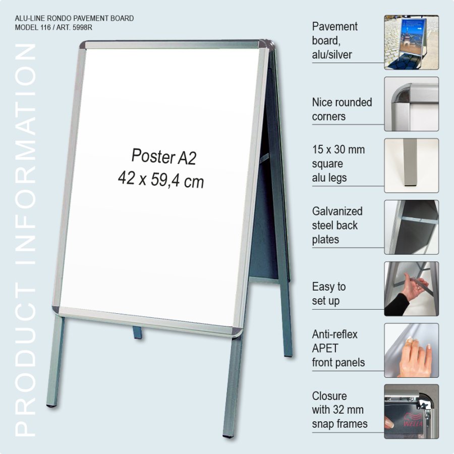 Gadeskilt Alu-Line Rondo s&oslash;lv, A2 - 42 x 59,4 cm