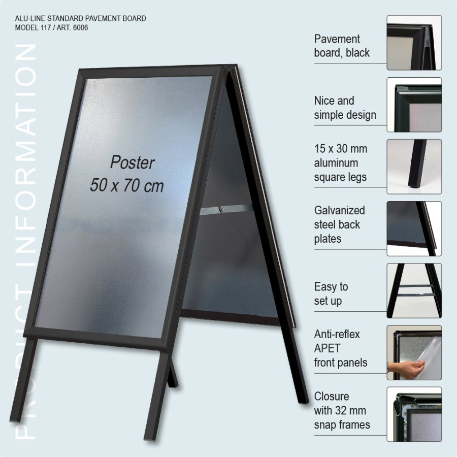 Gadeskilt, Alu-Line Standard, 32 mm, Sort, B2 - 50 x 70 cm
