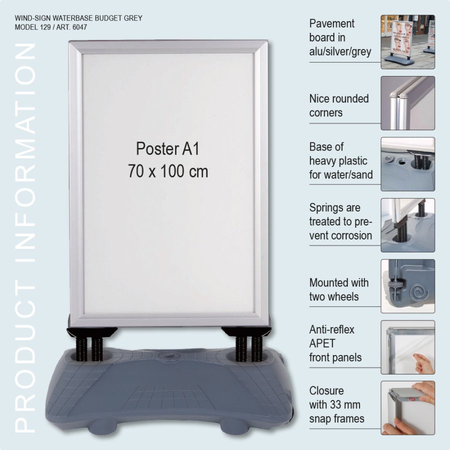 Gadeskilt, Wind-Sign Waterbase Budget, 40 mm profil, S&oslash;lv, B1 - 70 x 100 cm