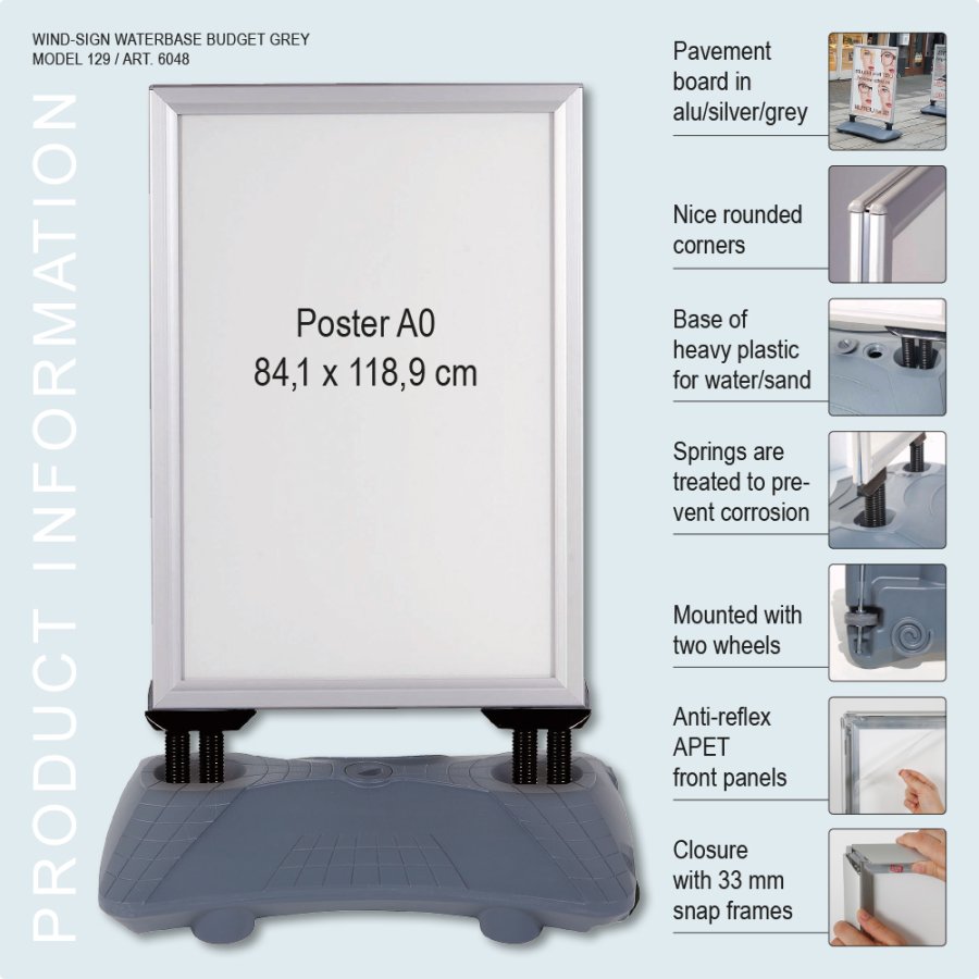 Gadeskilt, Wind-Sign Waterbase Budget, 40 mm profil, S&oslash;lv, A0 - 84,1 x 118,9 cm