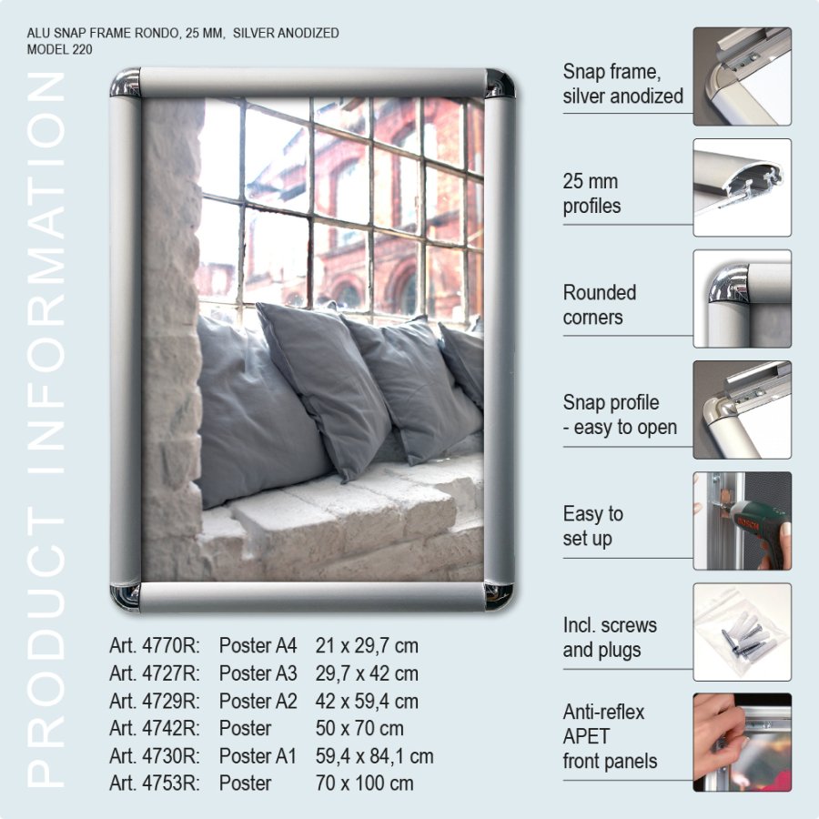 Klikramme, Rondo, s&oslash;lv, 25 mm aluminiumsprofil, A2 - 42 x 59,4 cm