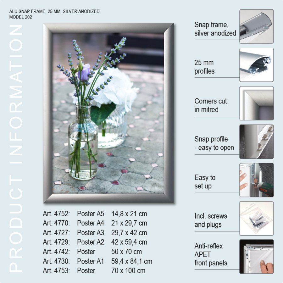 Klikramme, 25 mm profil, S&oslash;lv, B1 - 70 x 100 cm