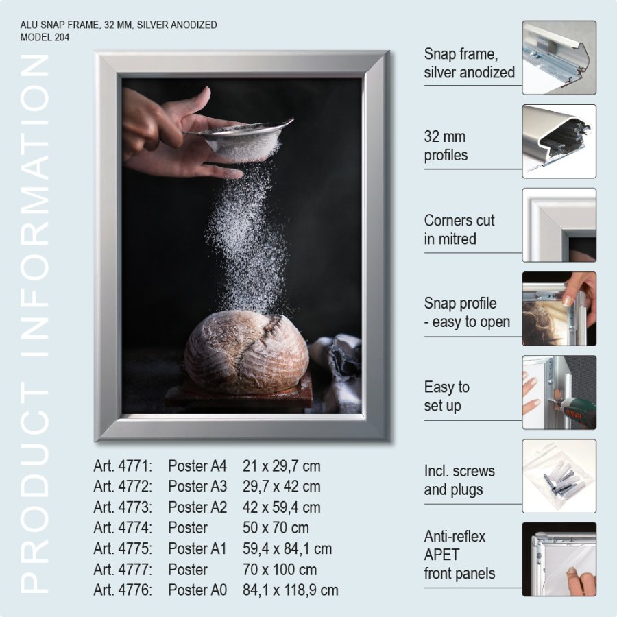 Klikramme, 32 mm profil, S&oslash;lv, A3 - 29,7 x 42 cm