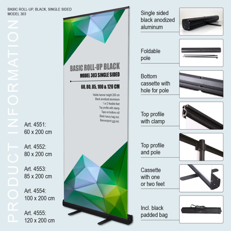 Roll-up kassette, Basic, enkeltsidet, sort, 85 cm