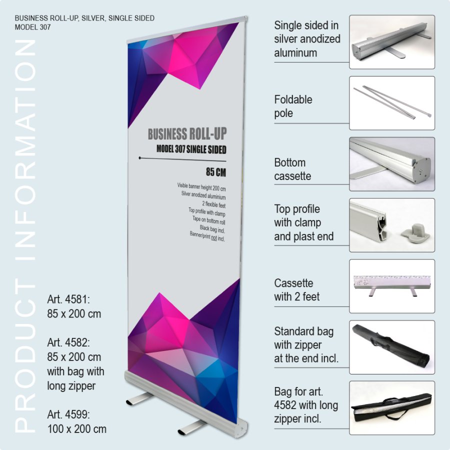 Roll-up kassette, Business, enkeltsidet, alu, inkl. taske, 100 cm