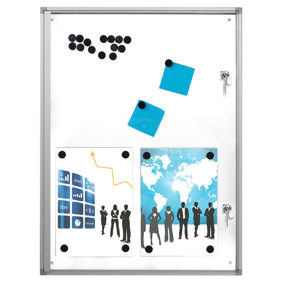 Infoboks med magnetisk whiteboard, 9 x A4, 35 mm dyb, aluminiumsramme, l&aring;s foran, indend&oslash;rs